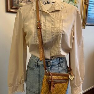 VINTAGE Cream Blouse with Tan Crossbody Bag SIZE L